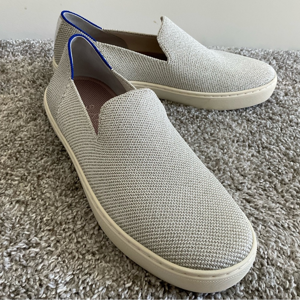 Rothy's Light Gray Slip-On Knit Flats with Blue Trim